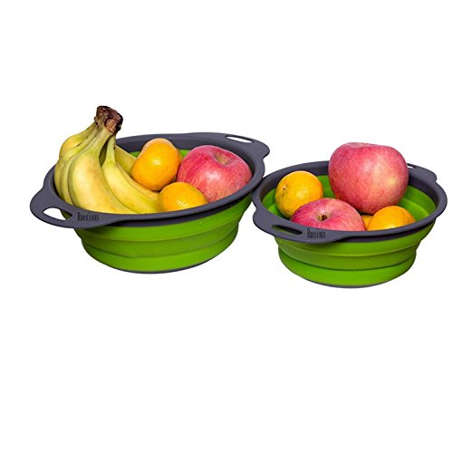 Ruesious Set de 2 Coladores Plegables (Coladores), Colador de Cocina de Silicona de Calidad Alimentaria Colador Plegable de Ahorro de Espacio, Tamaño de 9.5 Pulgadas y 8 Pulgadas (Verde)