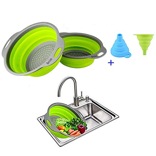 Ruesious Set de 2 Coladores Plegables (Coladores), Colador de Cocina de Silicona de Calidad Alimentaria Colador Plegable de Ahorro de Espacio, Tamaño de 9.5 Pulgadas y 8 Pulgadas (Verde)