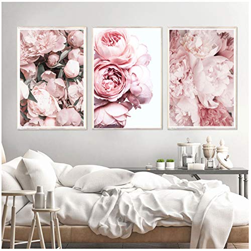 RuiChuangKeJi Flor Lienzo Cartel Decoración nórdica Ramo Rosa Peonía Floral Arte de la Pared Pintura Cuadros Decorativos Decoración para el hogar50x70cm Sin Marco, 3 Piezas