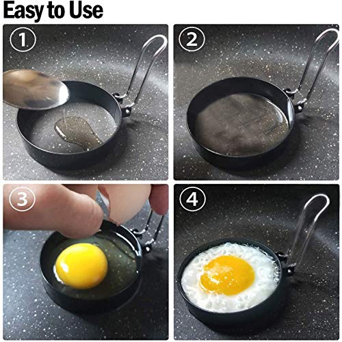 RUNYA - Juego de 4 anillos de huevo antiadherentes para freír, con un cepillo de silicona para huevos fritos, panqueques, magdalenas, tortitas, tortitas, crumpetas