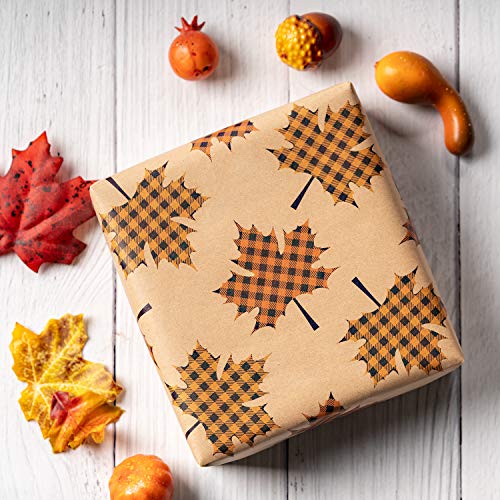 RUSPEPA Hojas De Papel Para Envolver Regalos Papel Kraft - Diseño A Cuadros Naranja De Otoño - 44,5 X 76 cm Cada Hoja, Total De 8 Hojas Embaladas En 1 Rollo