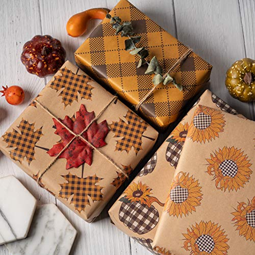 RUSPEPA Hojas De Papel Para Envolver Regalos Papel Kraft - Diseño A Cuadros Naranja De Otoño - 44,5 X 76 cm Cada Hoja, Total De 8 Hojas Embaladas En 1 Rollo