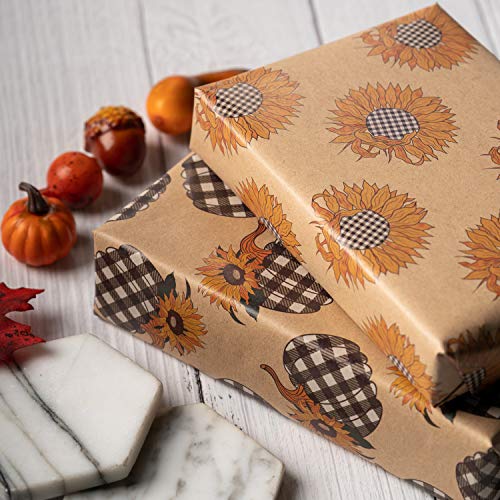 RUSPEPA Hojas De Papel Para Envolver Regalos Papel Kraft - Diseño A Cuadros Naranja De Otoño - 44,5 X 76 cm Cada Hoja, Total De 8 Hojas Embaladas En 1 Rollo