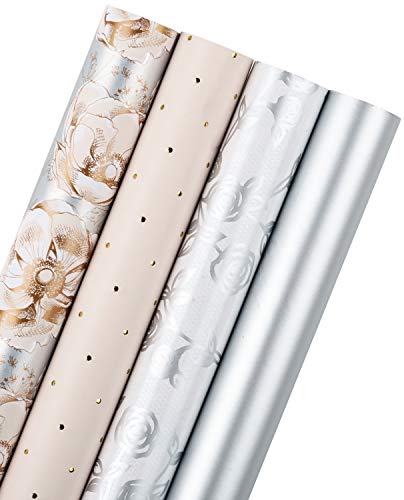 RUSPEPA Rollo De Papel De Envoltura De Regalo - Conjunto Plateado Y Rosa Para Cumpleaños, Vacaciones, Bodas, Envoltura De Regalo De Baby Shower - 4 Rollos - 76 X 305 cm Por Rollo