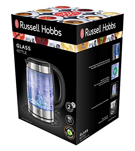 Russell Hobbs Glass - Hervidor de Agua Eléctrico (2200 W, 1,7l, Cristal, Acero Inoxidable, Azul y Gris) - ref. 21600-57