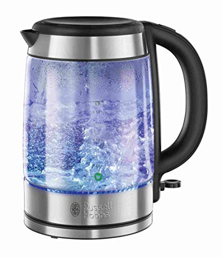 Russell Hobbs Glass - Hervidor de Agua Eléctrico (2200 W, 1,7l, Cristal, Acero Inoxidable, Azul y Gris) - ref. 21600-57