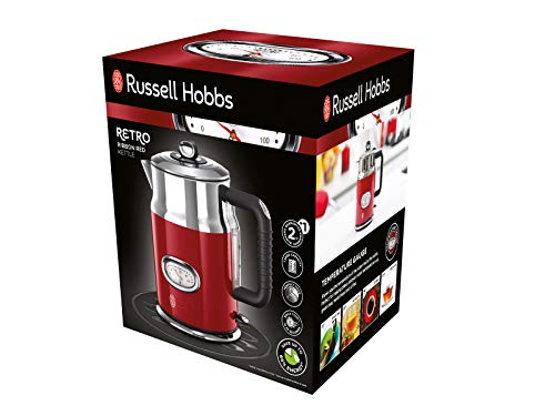 Russell Hobbs Retro - Hervidor de Agua Eléctrico (1,7 litros, Acero Inoxidable, 2400 W, Rojo) + Retro - Tostadora Vintage (2 Ranuras Anchas, para 2 Rebanadas, 1300 W, Inox, Rojo) - ref. 21680-56