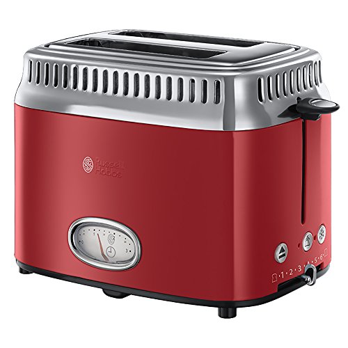 Russell Hobbs Retro - Hervidor de Agua Eléctrico (1,7 litros, Acero Inoxidable, 2400 W, Rojo) + Retro - Tostadora Vintage (2 Ranuras Anchas, para 2 Rebanadas, 1300 W, Inox, Rojo) - ref. 21680-56