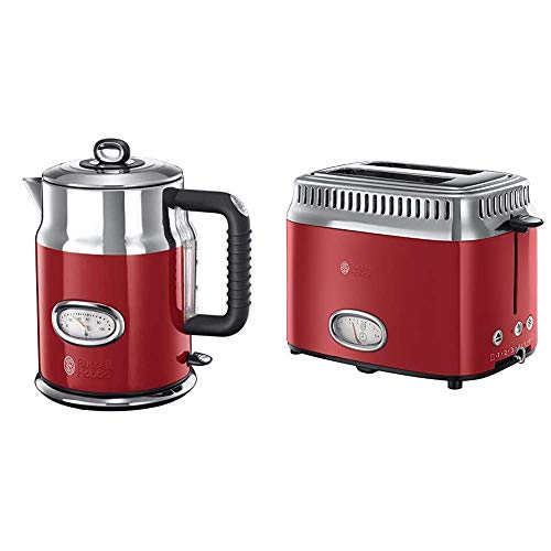 Russell Hobbs Retro - Hervidor de Agua Eléctrico (1,7 litros, Acero Inoxidable, 2400 W, Rojo) + Retro - Tostadora Vintage (2 Ranuras Anchas, para 2 Rebanadas, 1300 W, Inox, Rojo) - ref. 21680-56