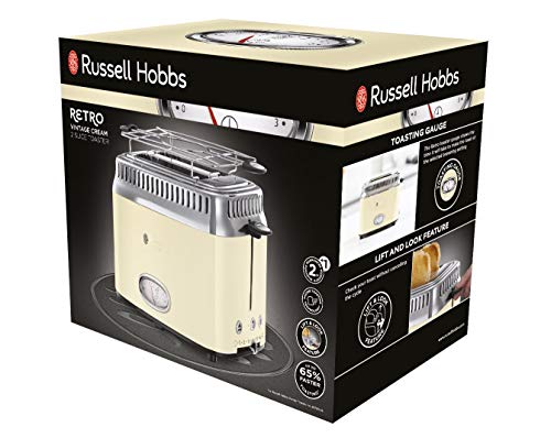 Russell Hobbs Retro - Tostadora Vintage (2 Ranuras Cortas y Anchas, para 2 Rebanadas, Acero Inoxidable, Crema) - ref. 21682-56