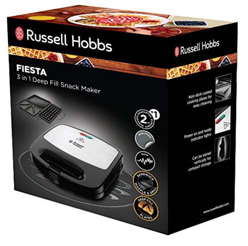 Russell Hobbs – Sandwichera (Fiesta 3 en 1,Placas Extraíbles, para Sandwiches, Gofres y para Cocinar al Grill, 750 W, Negro y Gris) ref. 24540-56