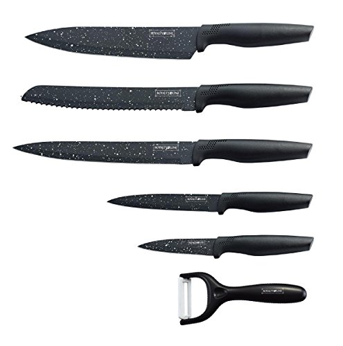 Russo Tessuti - Juego de cuchillos Royalty Line RL -MB5 negro antiadherente 5 piezas + pelador