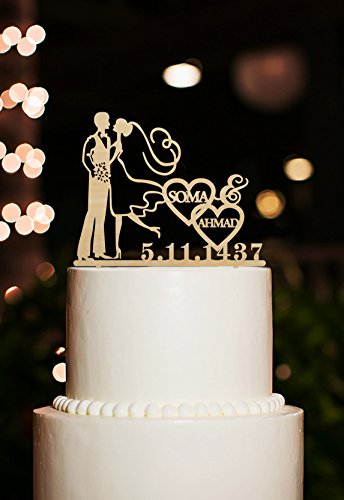 Rústico diseño de corazón con texto "Wedding Cake Toppers novia y novio personalizable nombre y fecha para novia ducha decoraciones para tartas