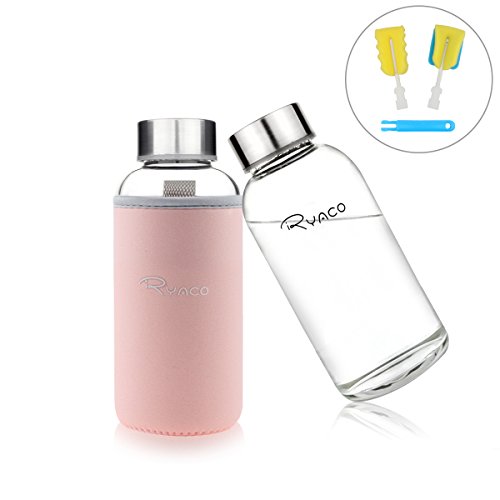 Ryaco Botella de Agua Cristal 360ml, Botella de Agua Reutilizable 12 oz, Sin BPA Antideslizante Protección Neopreno Llevar Manga con Acero Inoxidable Tapas Elegante de Borosilicato Botella