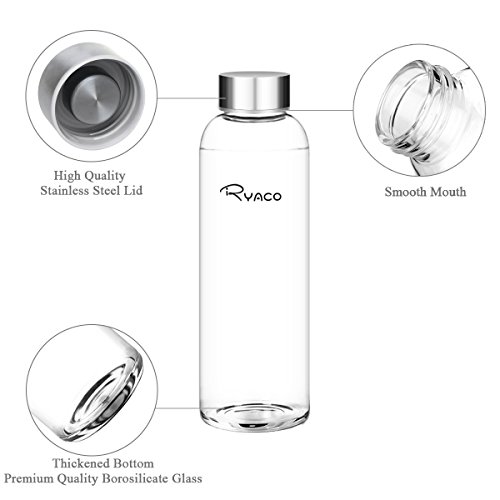 Ryaco Botella de Agua Cristal 360ml, Botella de Agua Reutilizable 12 oz, Sin BPA Antideslizante Protección Neopreno Llevar Manga con Acero Inoxidable Tapas Elegante de Borosilicato Botella