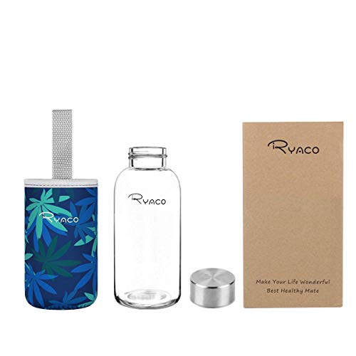 Ryaco Botella de Agua Cristal 360ml, Botella de Agua Reutilizable 12 oz, Sin BPA Antideslizante Protección Neopreno Llevar Manga con Acero Inoxidable Tapas Elegante de Borosilicato Botella