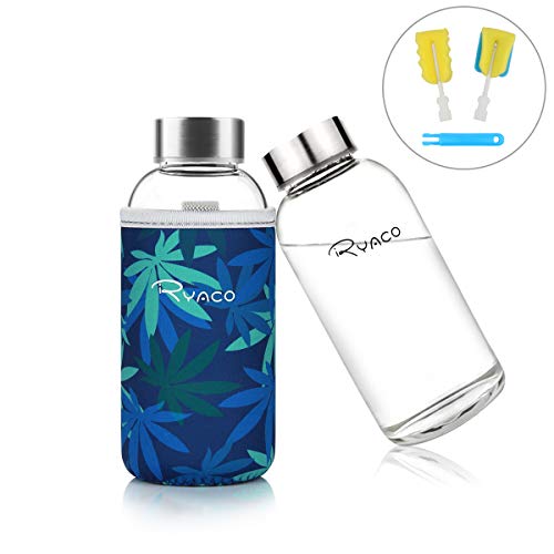 Ryaco Botella de Agua Cristal 360ml, Botella de Agua Reutilizable 12 oz, Sin BPA Antideslizante Protección Neopreno Llevar Manga con Acero Inoxidable Tapas Elegante de Borosilicato Botella