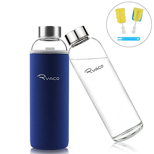 Ryaco Botella de Agua Cristal 550ml, Botella de Agua Reutilizable 18 oz, Sin BPA Antideslizante Protección Neopreno Llevar Manga y Cepillo de Esponja