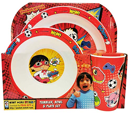 Ryan's World - Juego de vajilla de 3 piezas de polipropileno para niños, diseño de panda, color rojo