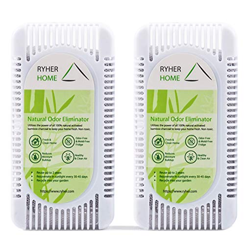 Ryher Absorbe y Elimina olores del frigorífico – Ambientador y purificador de Aire de carbón Activo de bambú 100% Natural - Quita olores del frigo (L - 2 Unidades, Blanco)