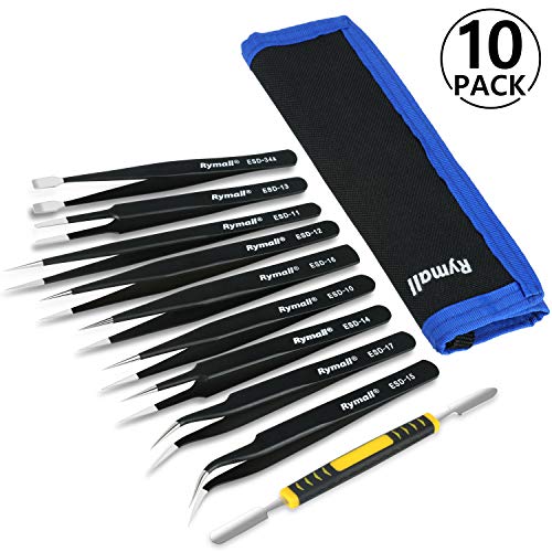 RYMALL 10 Piezas Pinzas de Precisión ESD Anti-Estáticas de Acero Inoxidable para Electrónica, Joyería, Trabajo de Laboratorio, Maintenance Tools, negro