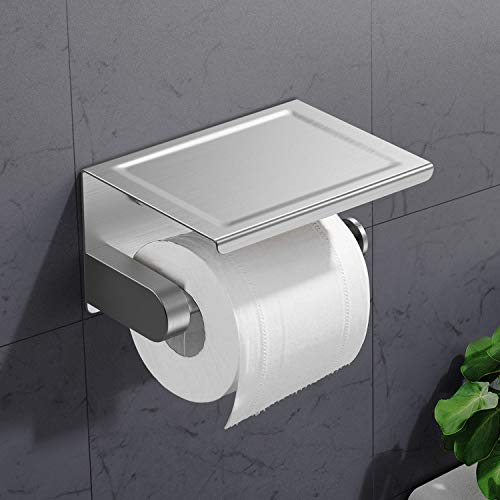 RYMALL Portarrollos para Papel Higiénico,montado en la pared sin perforar,inoxidable autoadhesivo 304 Porta Rollos de Papel Higienico con el Teléfono Móvil Estante de Almacenamiento(Con 2 ganchos)