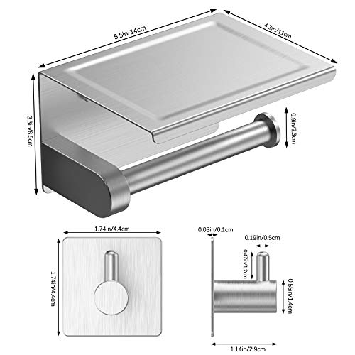 RYMALL Portarrollos para Papel Higiénico,montado en la pared sin perforar,inoxidable autoadhesivo 304 Porta Rollos de Papel Higienico con el Teléfono Móvil Estante de Almacenamiento(Con 2 ganchos)