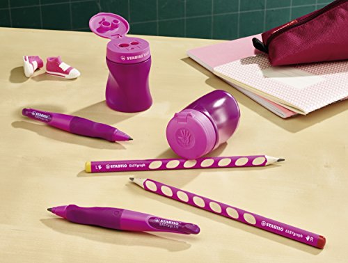 Sacapuntas ergonómico con depósito STABILO EASYsharpener - Afila 3 diámetros distintos - Color rosa - Modelo para DIESTROS