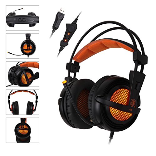 SADES A6 7.1 de sonido envolvente estéreo Pro PC Gaming Headset la venda de los auriculares con micrófono de alta sensibilidad del enchufe USB Over-the-Ear luces LED respiración Control de volumen (Negro)