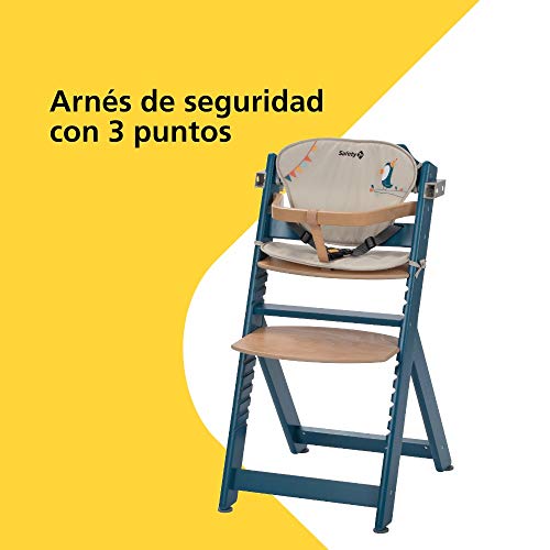 Safety 1st Timba con cojín, Trona de madera evolutiva, Trona para bebés con bandeja extraíble, Silla de altura regulable crece con el niño 6 meses - 10 años, color Petrol Blue