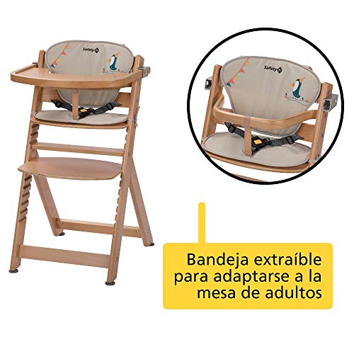 Safety 1st Timba con cojín, Trona de madera evolutiva, Trona para bebés con bandeja extraíble, Silla de altura regulable crece con el niño 6 meses - 10 años, color Natural