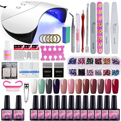 Saint-Acior 36W UV/LED Lámpara Secador de Uñas 12PCS Esmalte Semipermanente Kit Uñas de Gel Primer Uñas Top Coat DIY Uña Arte Kit para Manicura Pedicura