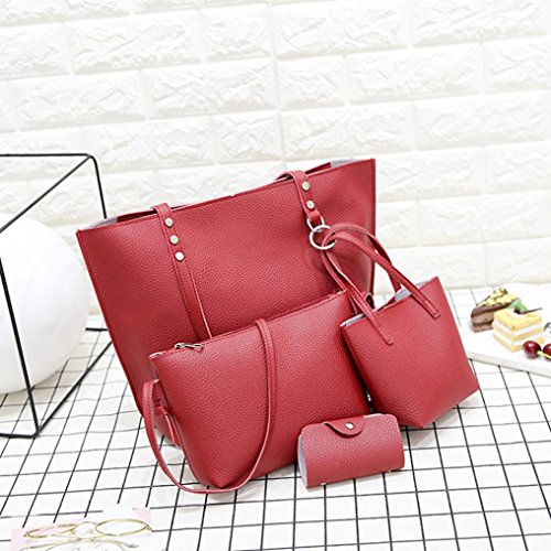 Saisiyiky Bolsos de Mujer Baratos Bolsos Bandolera de Mujer de Cuero de pu Bolsos Conjunto 4PCS - 1PC Bolsas de hombro + 1PC Bolsas Crossbody + 1PC Bolsas + 1PC Monedero (Rojo)