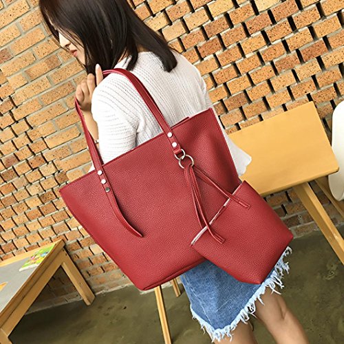 Saisiyiky Bolsos de Mujer Baratos Bolsos Bandolera de Mujer de Cuero de pu Bolsos Conjunto 4PCS - 1PC Bolsas de hombro + 1PC Bolsas Crossbody + 1PC Bolsas + 1PC Monedero (Rojo)