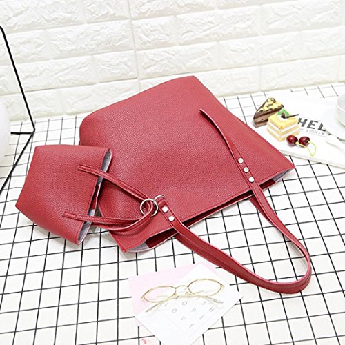 Saisiyiky Bolsos de Mujer Baratos Bolsos Bandolera de Mujer de Cuero de pu Bolsos Conjunto 4PCS - 1PC Bolsas de hombro + 1PC Bolsas Crossbody + 1PC Bolsas + 1PC Monedero (Rojo)