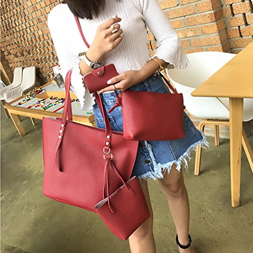 Saisiyiky Bolsos de Mujer Baratos Bolsos Bandolera de Mujer de Cuero de pu Bolsos Conjunto 4PCS - 1PC Bolsas de hombro + 1PC Bolsas Crossbody + 1PC Bolsas + 1PC Monedero (Rojo)