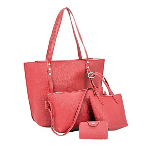 Saisiyiky Bolsos de Mujer Baratos Bolsos Bandolera de Mujer de Cuero de pu Bolsos Conjunto 4PCS - 1PC Bolsas de hombro + 1PC Bolsas Crossbody + 1PC Bolsas + 1PC Monedero (Rojo)