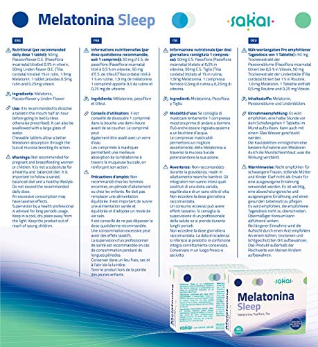 Sakai - Melatonina Sleep, 60 comprimidos masticables. Conciliación rápida del Sueño con efecto Duradero. Melatonina, Pasiflora y Tila. 1,9mg de Melatonina por comprimido.