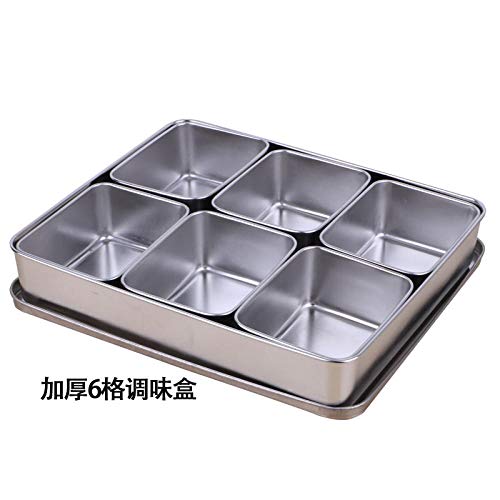 salero cocina Frasco de condimento giratorio Stainless steel box, square box, 6 boxes, barbecue restaurant, combination-Thickened stainless steel 6 grid seasoning box