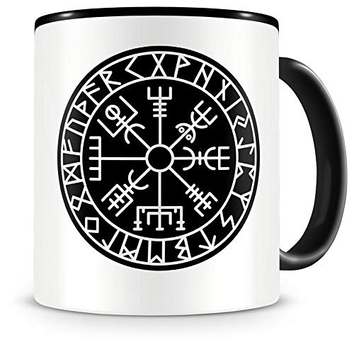 Samunshi® Vegvisir con runas 2 tazas, taza de café, taza de té vikingo Alemania (300 ml, Vegvisir con runas 2 300 ml), color negro