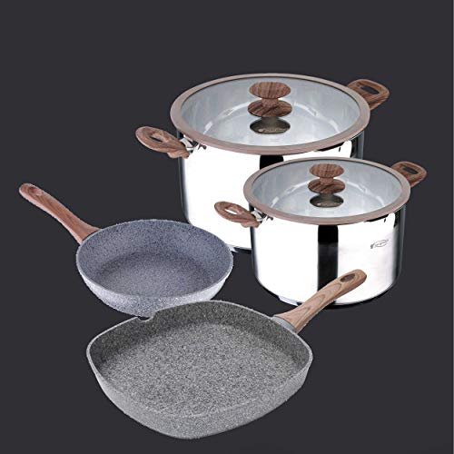 San Ignacio Bateria de Cocina Profesional 11 Piezas colección Granito, Ø24, Ø26 y Ø28, sartén Grill de 28x28 cms, y ollas con Tapa: Ø28x7 y Ø20 y Ø28x16 cm, inducción, Acero Inoxidable