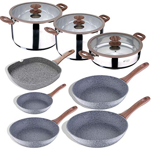 San Ignacio Bateria de Cocina Profesional 11 Piezas colección Granito, Ø24, Ø26 y Ø28, sartén Grill de 28x28 cms, y ollas con Tapa: Ø28x7 y Ø20 y Ø28x16 cm, inducción, Acero Inoxidable