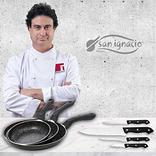 San Ignacio Black&Marble - Set 3 sartenes (16-20-24 cm) y 4 cuchillos, aluminio prensado con revestimiento de mármol, apto para todo tipo de cocinas incluido inducción