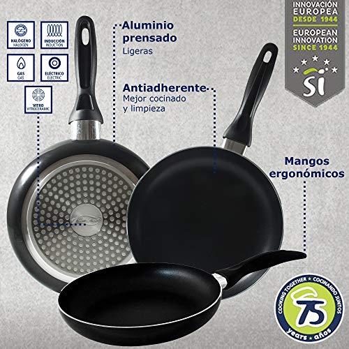 San Ignacio - Cocina - Batería 7 piezas Faro y Set 3 sartenes Ø16/Ø20/Ø24 cms negro, aluminio prensado, antiadherente, inducción