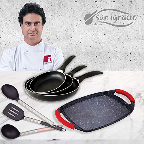 San Ignacio Cune Sip Set 3 Sartenes + Plancha Grill + 3 Utensilios, Aluminio Prensado, Negro/Plateado