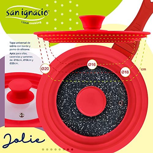 San Ignacio Juego de 3 sartenes 16/20/24 cm, rojo, y tapa universal en rojo, aluminio prensado, inducción