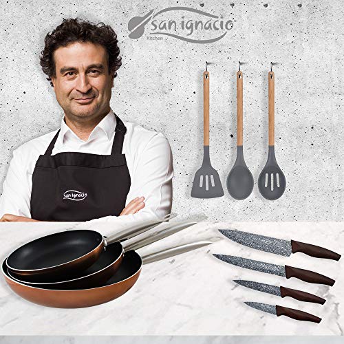 San Ignacio PK1792 sartenes 20/24/28 cms, Aluminio prensado, inducción, 4 Cuchillos de Cocina, Acero Inoxidable, con Set 3 Utensilios de Nylon, Mango Madera