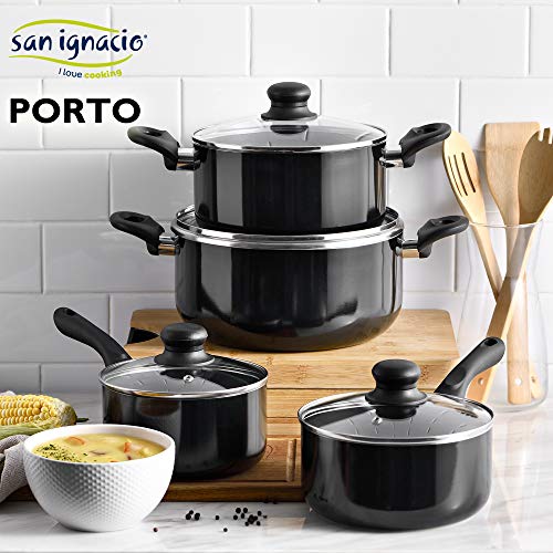 San Ignacio PK2351 Batería 8 piezas Porto, 5 Utensilios de cocina y Set 3 sartenes, diámetro 16/ 20/ 24 cm, negro, aluminio prensado, antiadherente, inducción