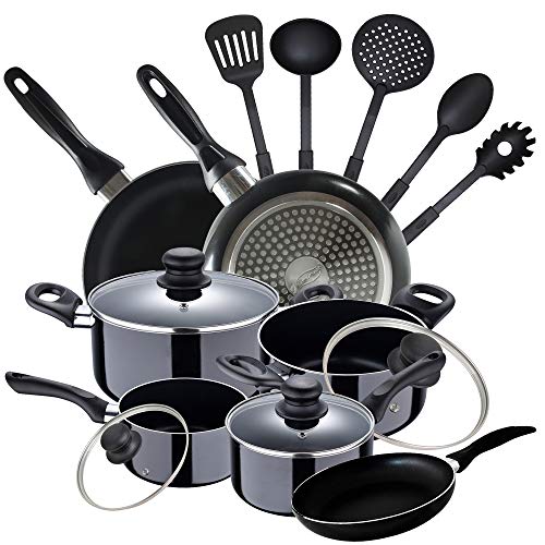 San Ignacio PK2351 Batería 8 piezas Porto, 5 Utensilios de cocina y Set 3 sartenes, diámetro 16/ 20/ 24 cm, negro, aluminio prensado, antiadherente, inducción