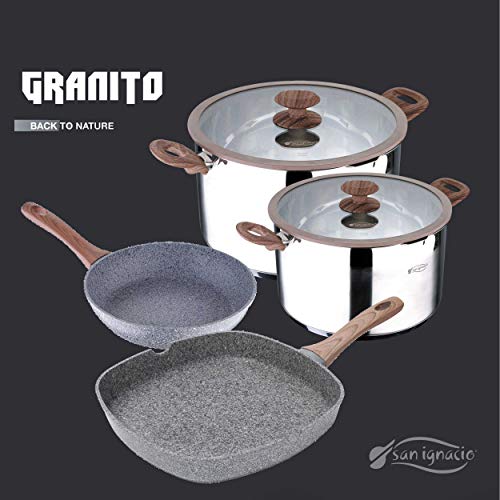 San Ignacio PK335 Juego de sartenes Profesionales-Serie Granito: Ø20 Ø26 y Plancha 28x28x4,5cm, Aluminio Forjado